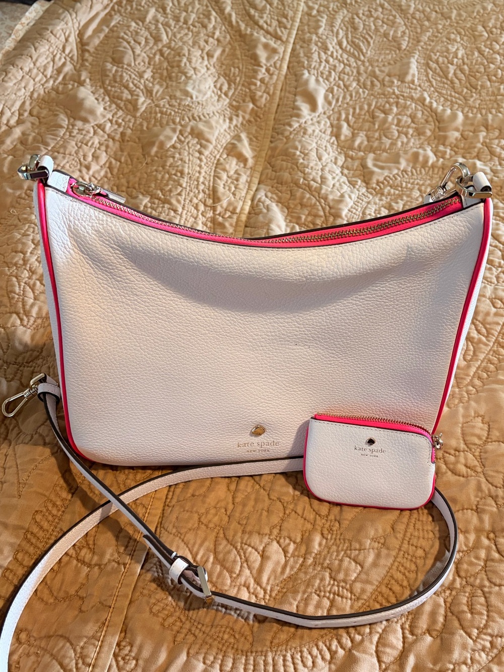 Kate Spade Pebbled Leather Crossbody with Hot Pink Trim & Coin Pouch